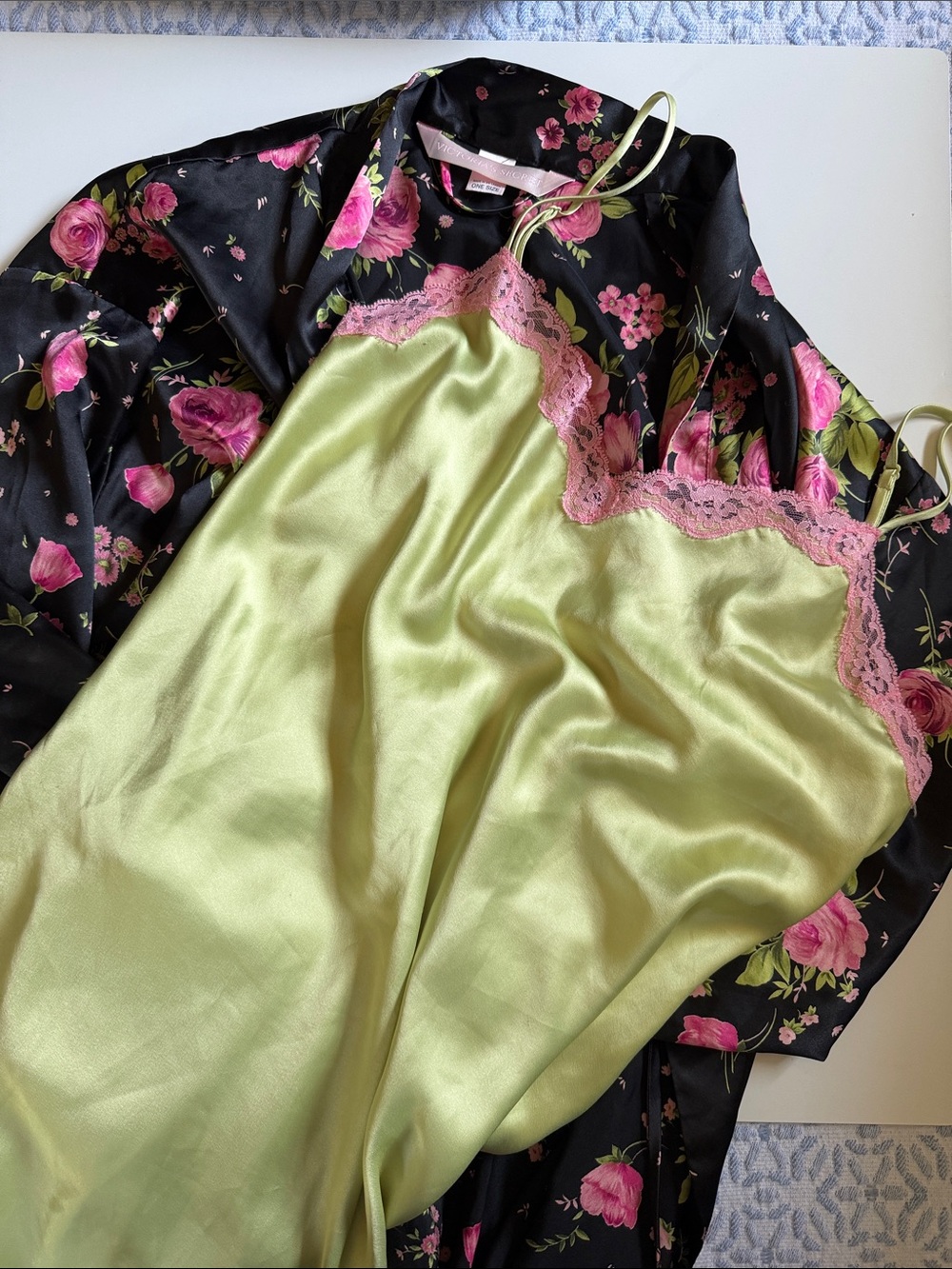 Victoria's Secret Lime Satin Slip with Pink Lace Trim
